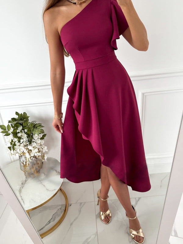 Dress- Elegant Midi One Shoulder Overskirt Dress- Wine Red- Pekosa Women Clothing