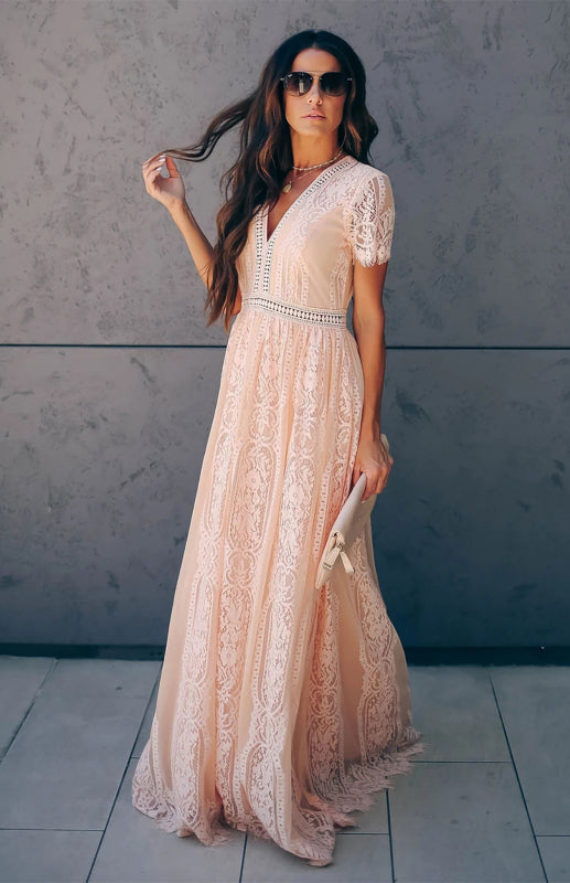 Dress- Elegant Overlay Guipure Lace Maxi Dress- Pink- Pekosa Women Clothing