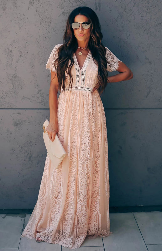 Dress- Elegant Overlay Guipure Lace Maxi Dress- - Pekosa Women Clothing