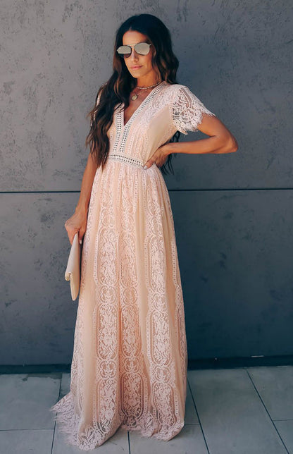 Dress- Elegant Overlay Guipure Lace Maxi Dress- - Pekosa Women Clothing