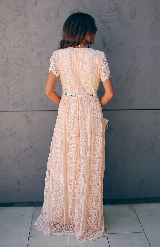 Dress- Elegant Overlay Guipure Lace Maxi Dress- - Pekosa Women Clothing