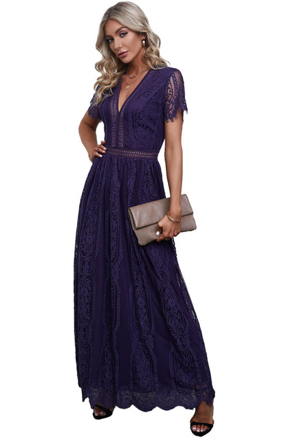 Dress- Elegant Overlay Guipure Lace Maxi Dress- - Pekosa Women Clothing