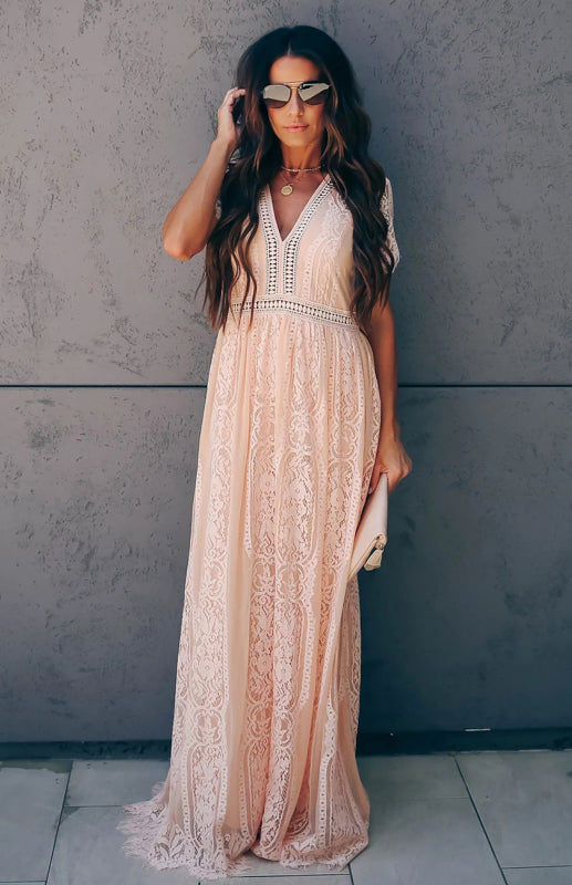 Dress- Elegant Overlay Guipure Lace Maxi Dress- - Pekosa Women Clothing