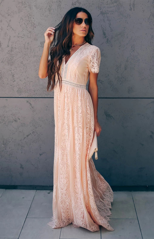 Dress- Elegant Overlay Guipure Lace Maxi Dress- - Pekosa Women Clothing