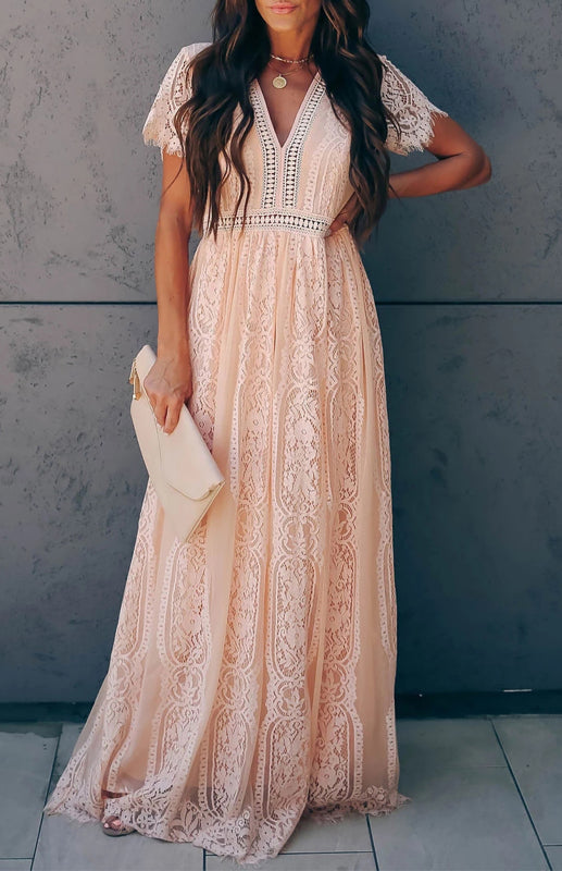 Dress- Elegant Overlay Guipure Lace Maxi Dress- - Pekosa Women Clothing