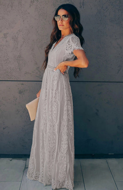 Dress- Elegant Overlay Guipure Lace Maxi Dress- - Pekosa Women Clothing