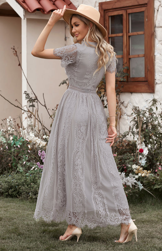 Dress- Elegant Overlay Guipure Lace Maxi Dress- - Pekosa Women Clothing