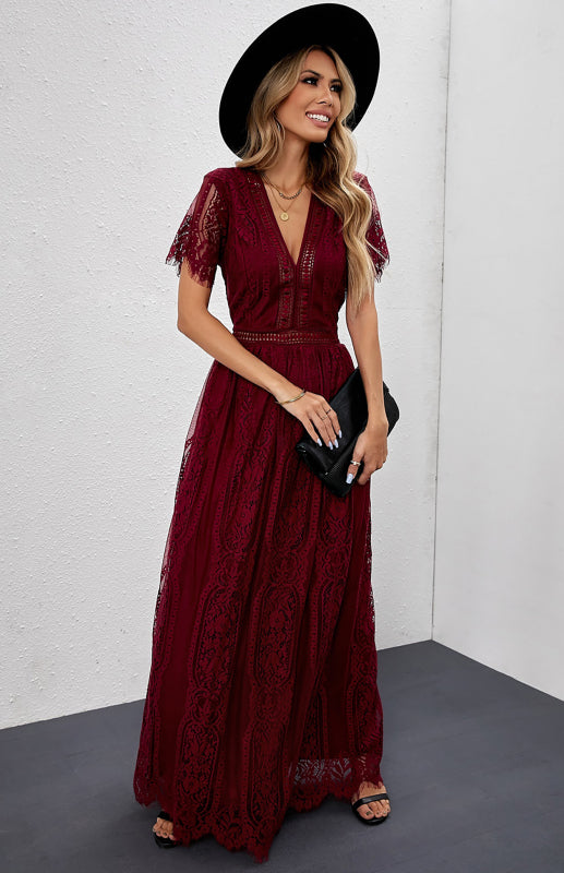 Dress- Elegant Overlay Guipure Lace Maxi Dress- - Pekosa Women Clothing