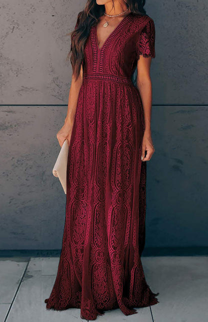 Dress- Elegant Overlay Guipure Lace Maxi Dress- - Pekosa Women Clothing