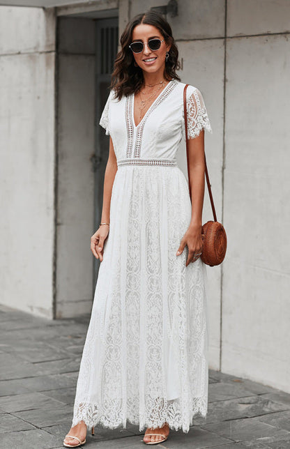 Dress- Elegant Overlay Guipure Lace Maxi Dress- White- Pekosa Women Clothing