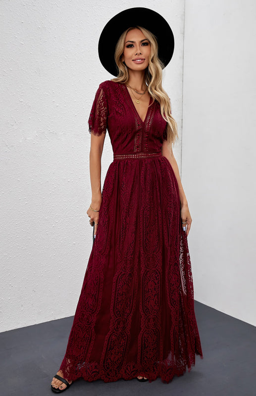 Dress- Elegant Overlay Guipure Lace Maxi Dress- - Pekosa Women Clothing