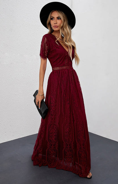 Dress- Elegant Overlay Guipure Lace Maxi Dress- Wine Red- Pekosa Women Clothing