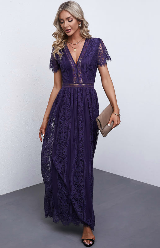 Dress- Elegant Overlay Guipure Lace Maxi Dress- - Pekosa Women Clothing