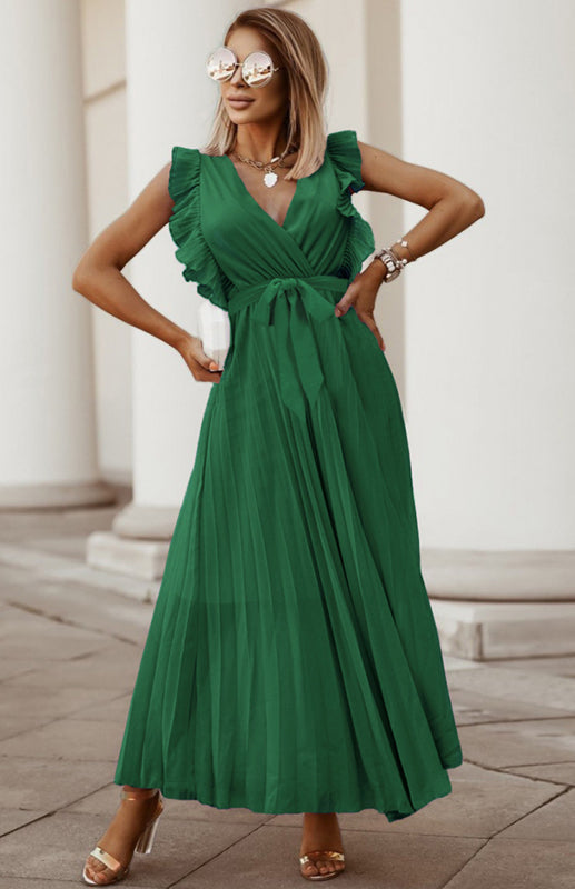 Dress- Elegant Pleated V Neck Waist Tie Maxi Dress- Grass Green- Pekosa Women Clothing