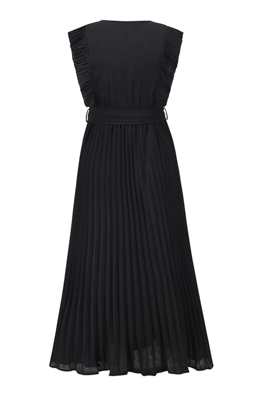 Dress- Elegant Pleated V Neck Waist Tie Maxi Dress- - Pekosa Women Clothing