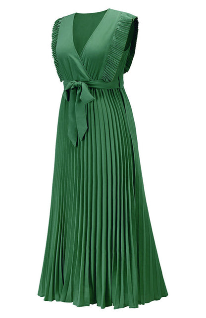 Dress- Elegant Pleated V Neck Waist Tie Maxi Dress- - Pekosa Women Clothing