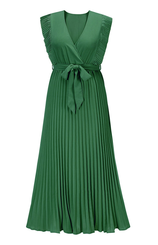 Dress- Elegant Pleated V Neck Waist Tie Maxi Dress- - Pekosa Women Clothing