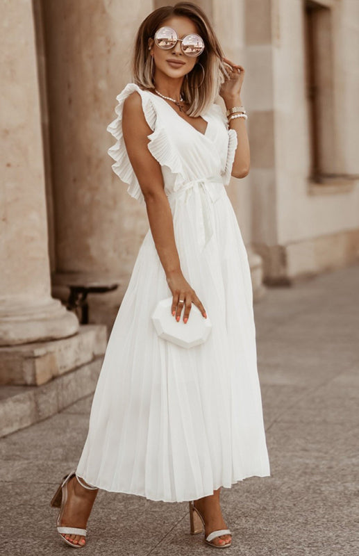 Dress- Elegant Pleated V Neck Waist Tie Maxi Dress- White- Pekosa Women Clothing