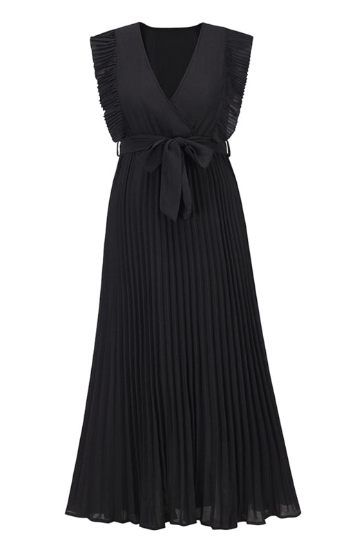 Dress- Elegant Pleated V Neck Waist Tie Maxi Dress- - Pekosa Women Clothing