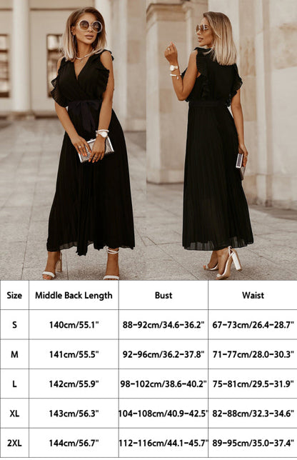 Dress- Elegant Pleated V Neck Waist Tie Maxi Dress- - Pekosa Women Clothing