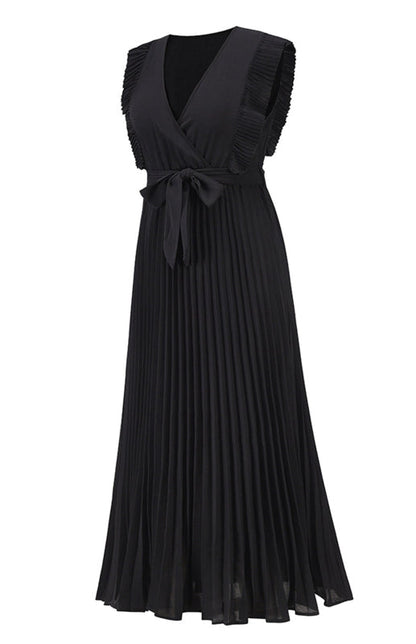 Dress- Elegant Pleated V Neck Waist Tie Maxi Dress- - Pekosa Women Clothing