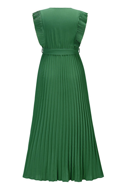 Dress- Elegant Pleated V Neck Waist Tie Maxi Dress- - Pekosa Women Clothing