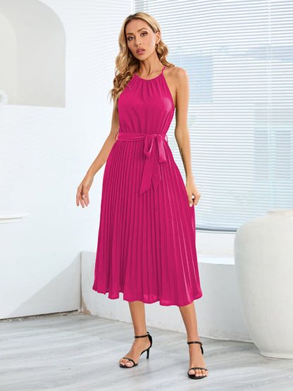 Dress- Elegant Pleated Waist Tie Halter Midi Dress- Fuchsia- Pekosa Women Clothing