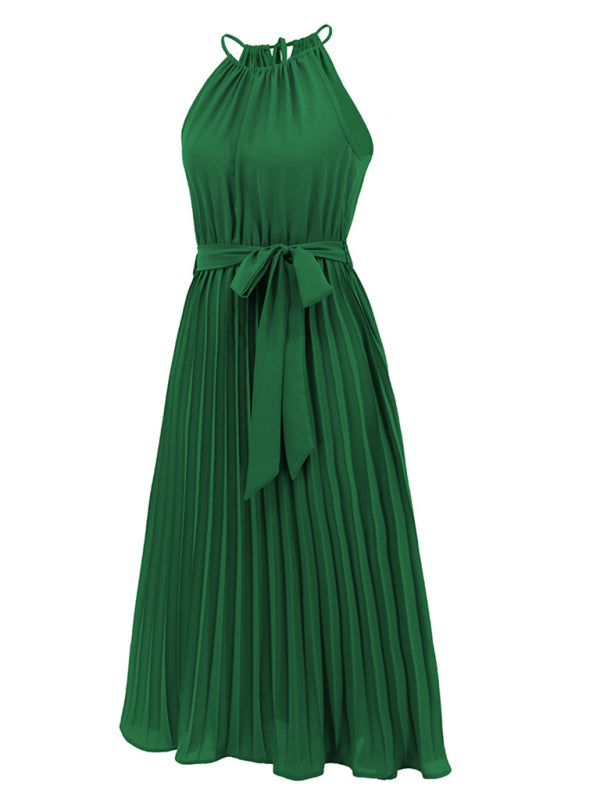 Dress- Elegant Pleated Waist Tie Halter Midi Dress- - Pekosa Women Clothing