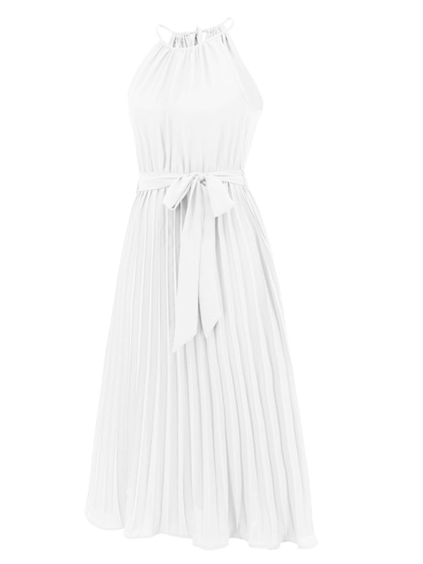 Dress- Elegant Pleated Waist Tie Halter Midi Dress- - Pekosa Women Clothing