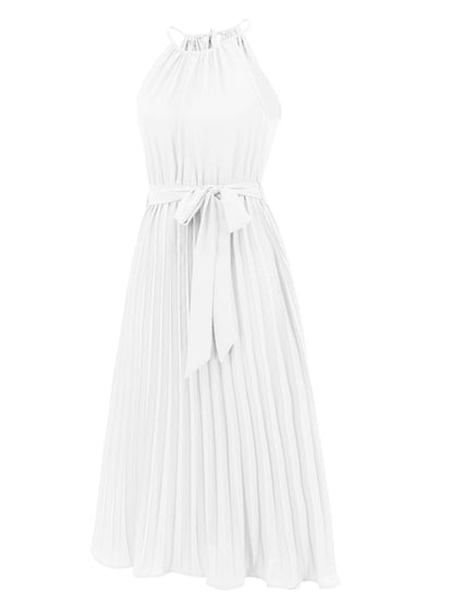 Dress- Elegant Pleated Waist Tie Halter Midi Dress- - Pekosa Women Clothing