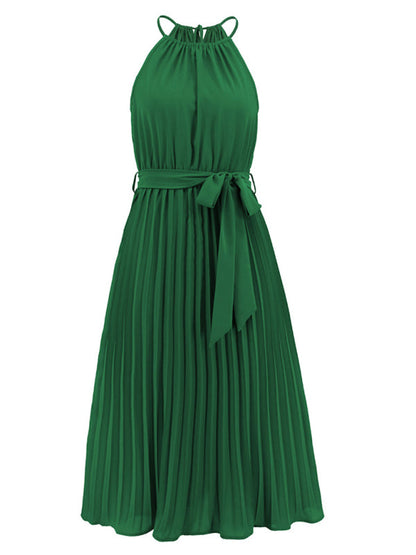 Dress- Elegant Pleated Waist Tie Halter Midi Dress- - Pekosa Women Clothing