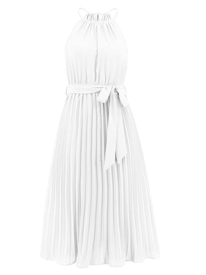 Dress- Elegant Pleated Waist Tie Halter Midi Dress- - Pekosa Women Clothing