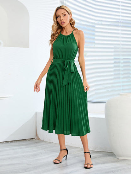 Dress- Elegant Pleated Waist Tie Halter Midi Dress- - Pekosa Women Clothing