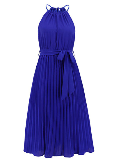 Dress- Elegant Pleated Waist Tie Halter Midi Dress- - Pekosa Women Clothing