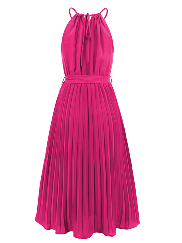 Dress- Elegant Pleated Waist Tie Halter Midi Dress- - Pekosa Women Clothing