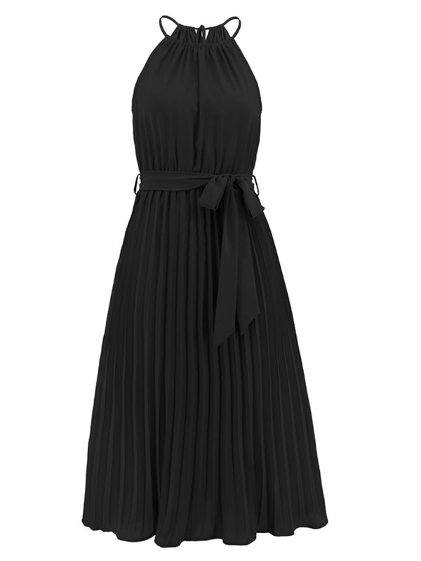 Dress- Elegant Pleated Waist Tie Halter Midi Dress- - Pekosa Women Clothing