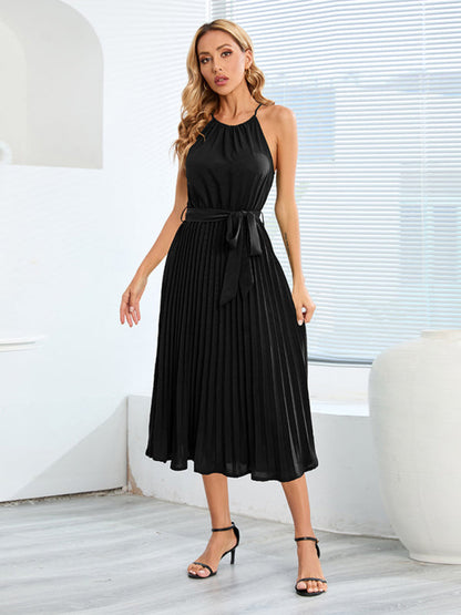 Dress- Elegant Pleated Waist Tie Halter Midi Dress- - Pekosa Women Clothing