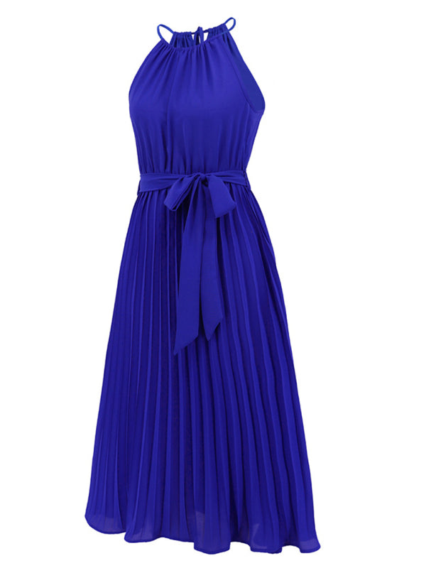 Dress- Elegant Pleated Waist Tie Halter Midi Dress- - Pekosa Women Clothing