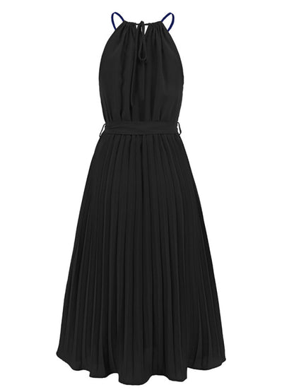 Dress- Elegant Pleated Waist Tie Halter Midi Dress- - Pekosa Women Clothing