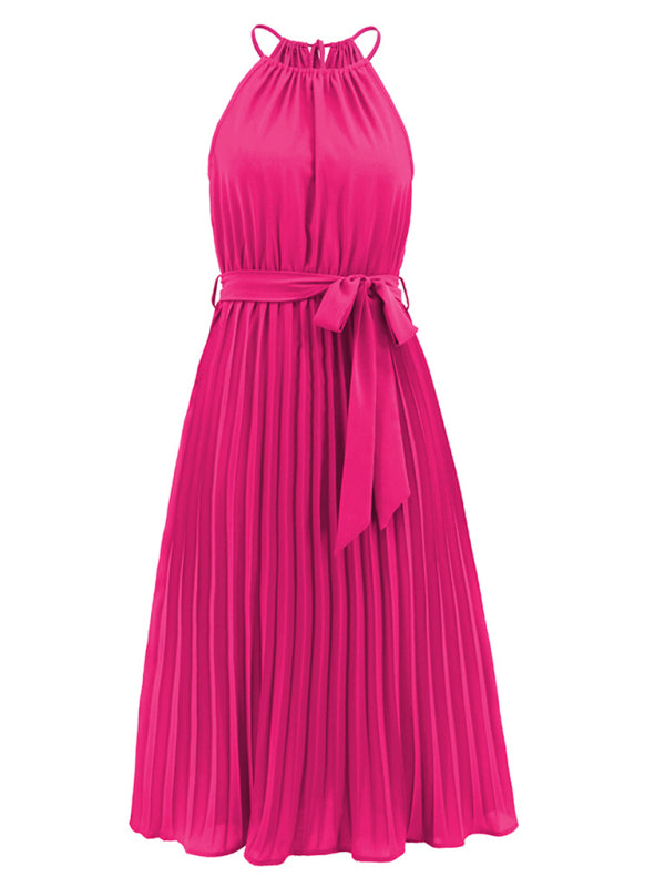 Dress- Elegant Pleated Waist Tie Halter Midi Dress- - Pekosa Women Clothing