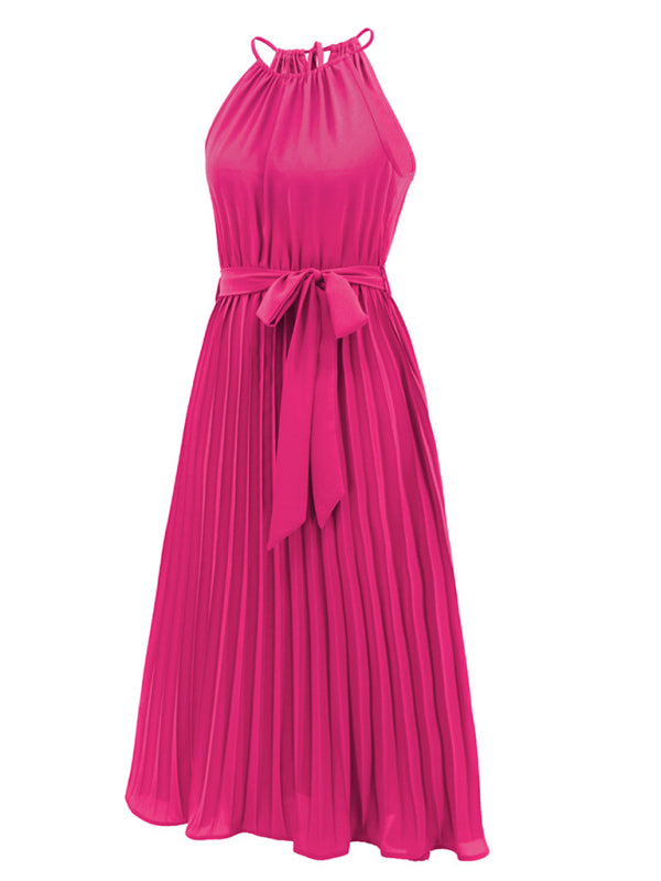 Dress- Elegant Pleated Waist Tie Halter Midi Dress- - Pekosa Women Clothing