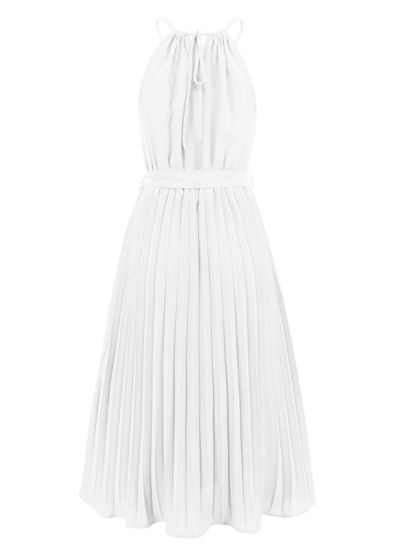 Dress- Elegant Pleated Waist Tie Halter Midi Dress- - Pekosa Women Clothing