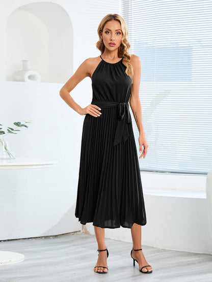 Dress- Elegant Pleated Waist Tie Halter Midi Dress- Black- Pekosa Women Clothing