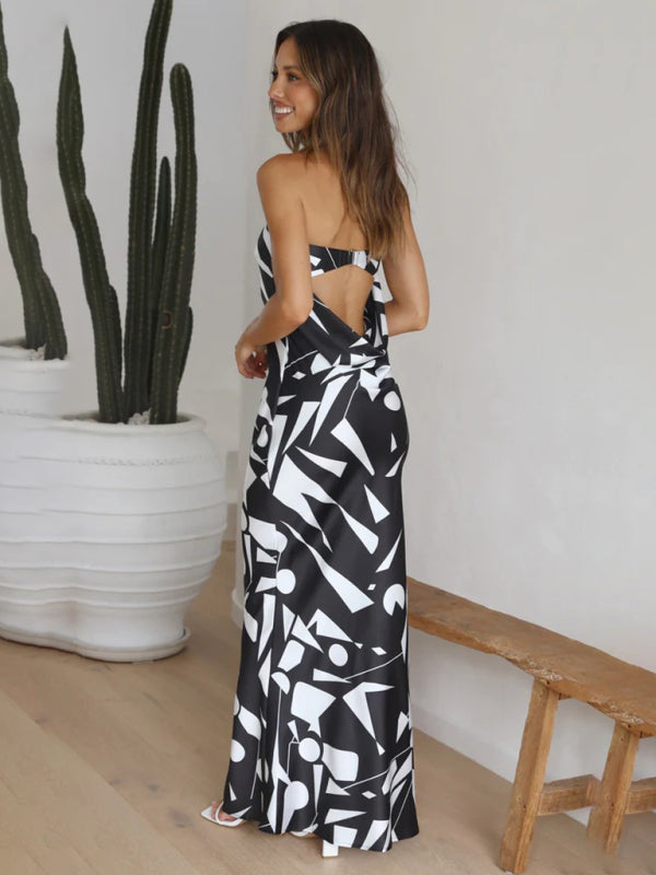 Dress- Elegant Satin Geo Print Off Shoulder Tube Maxi Dress- - Pekosa Women Clothing