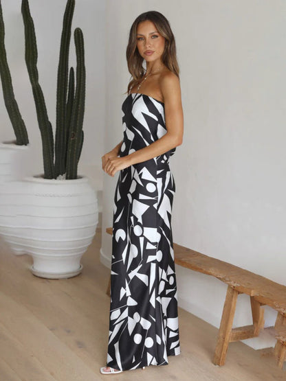 Dress- Elegant Satin Geo Print Off Shoulder Tube Maxi Dress- - Pekosa Women Clothing