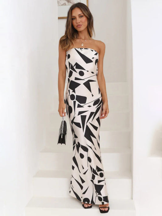Dress- Elegant Satin Geo Print Off Shoulder Tube Maxi Dress- White- Pekosa Women Clothing