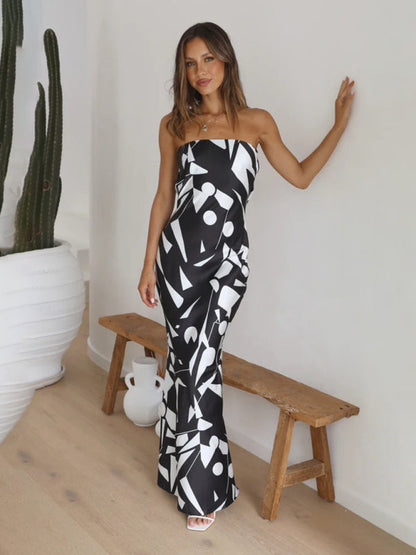 Dress- Elegant Satin Geo Print Off Shoulder Tube Maxi Dress- - Pekosa Women Clothing