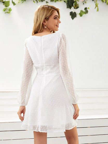 Dress- Elegant Swiss Dot A-Line Lantern Sleeve Square Neck Mini Dress- - Pekosa Women Clothing