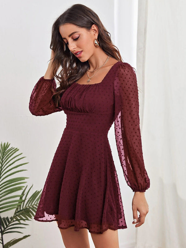 Dress- Elegant Swiss Dot A-Line Lantern Sleeve Square Neck Mini Dress- - Pekosa Women Clothing