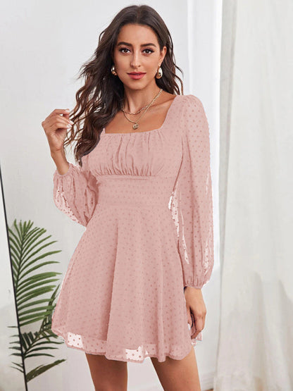 Dress- Elegant Swiss Dot A-Line Lantern Sleeve Square Neck Mini Dress- Pink- Pekosa Women Clothing